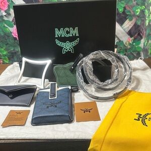 MCM Blue Leather Card Holder with Green coin Blue Phone casehand Strap Set NWT